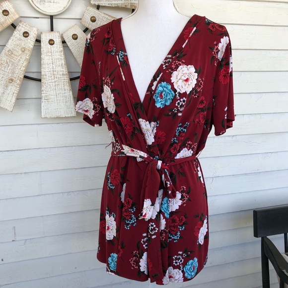 torrid Tops - TORRID Red Floral Baby Doll V Neck Blouse Size 2